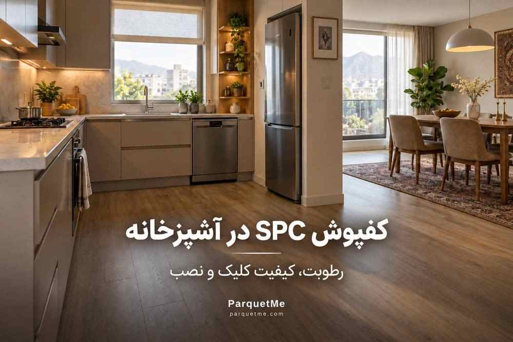 کفپوش SPC طرح چوب در آشپزخانه و فضای نشیمن